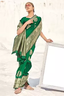 Green woven banarasi silk saree with blouse