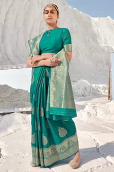 Green woven banarasi silk saree with blouse