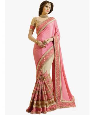 Pink and Beige Chinon and Net Embriodered Half-Half Saree With Blouse Piece. 1