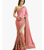 Pink and Beige Chinon and Net Embriodered Half-Half Saree With Blouse Piece.