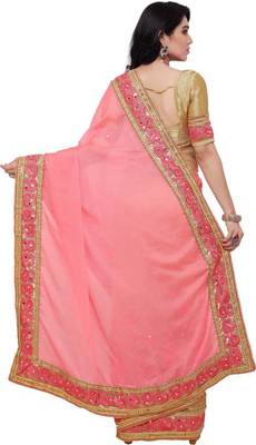 Pink and Beige Chinon and Net Embriodered Half-Half Saree With Blouse Piece. 3
