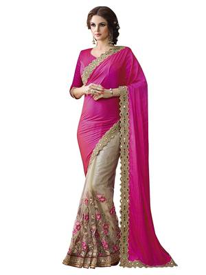 Pink and Beige Chinon and Net Embriodered Half-Half Saree With Blouse Piece. 1