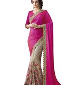 Pink and Beige Chinon and Net Embriodered Half-Half Saree With Blouse Piece.