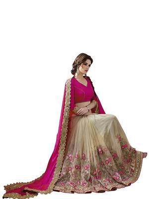 Pink and Beige Chinon and Net Embriodered Half-Half Saree With Blouse Piece. 2