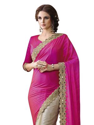 Pink and Beige Chinon and Net Embriodered Half-Half Saree With Blouse Piece. 3