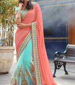 Gajari Pink Designer Net Embriodered Wedding Half-Half Saree With Blouse Piece 