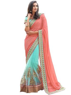 Gajari Pink Designer Net Embriodered Wedding Half-Half Saree With Blouse Piece  2