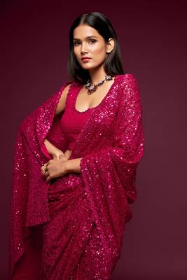 Pink embroidered georgette saree with blouse 3