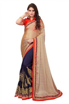 Beige and Navy Blue Half-Half Embriodered Saree With Embriodered Blouse Piece. 2