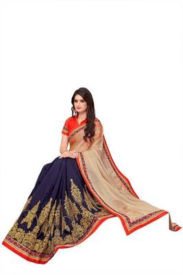 Beige and Navy Blue Half-Half Embriodered Saree With Embriodered Blouse Piece. 3