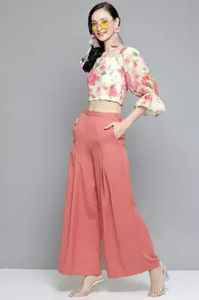 Pink Front Pleats Wide Leg Pants