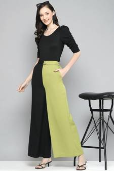 Green & Black ColourBlock Belted Wide Leg Pants