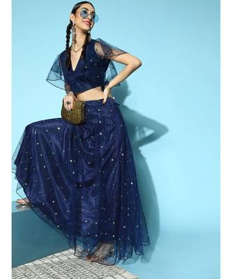 Navy Tulle Sequin Flared Skirt 2