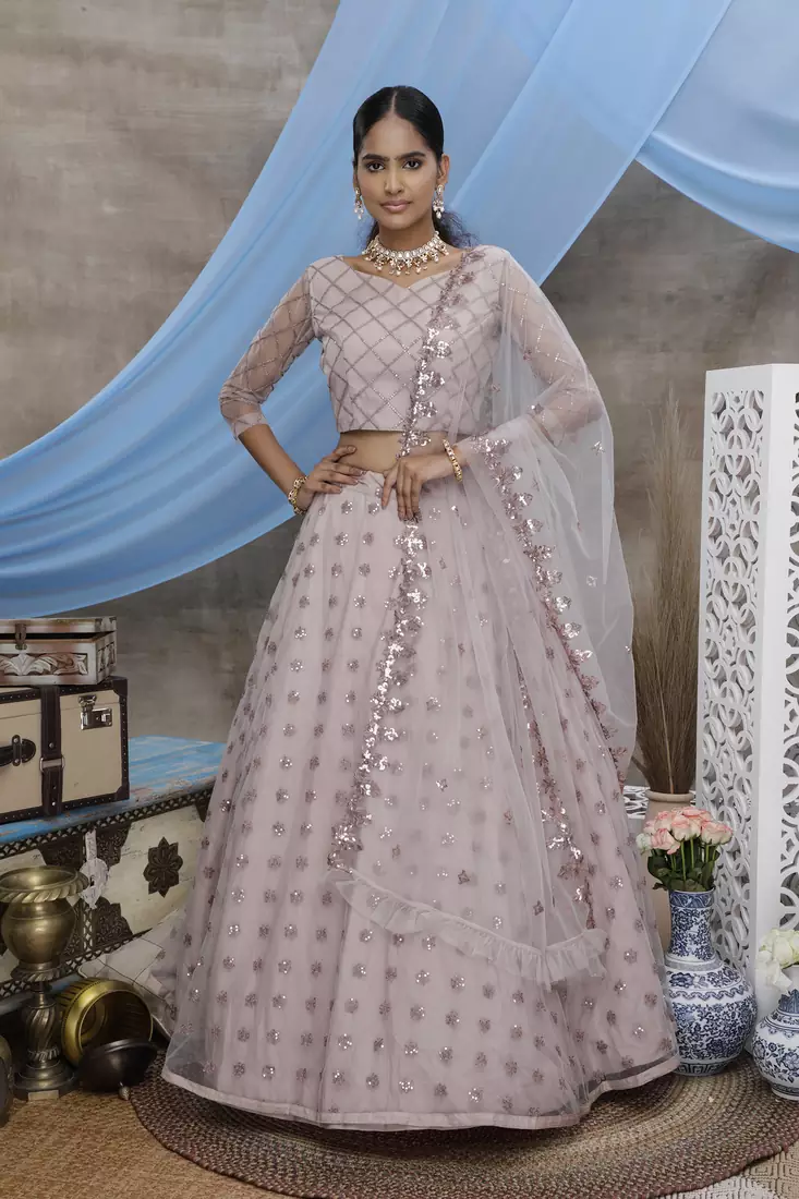 Dusty Purple Thread and Sequins embroidered net semi stitched lehenga