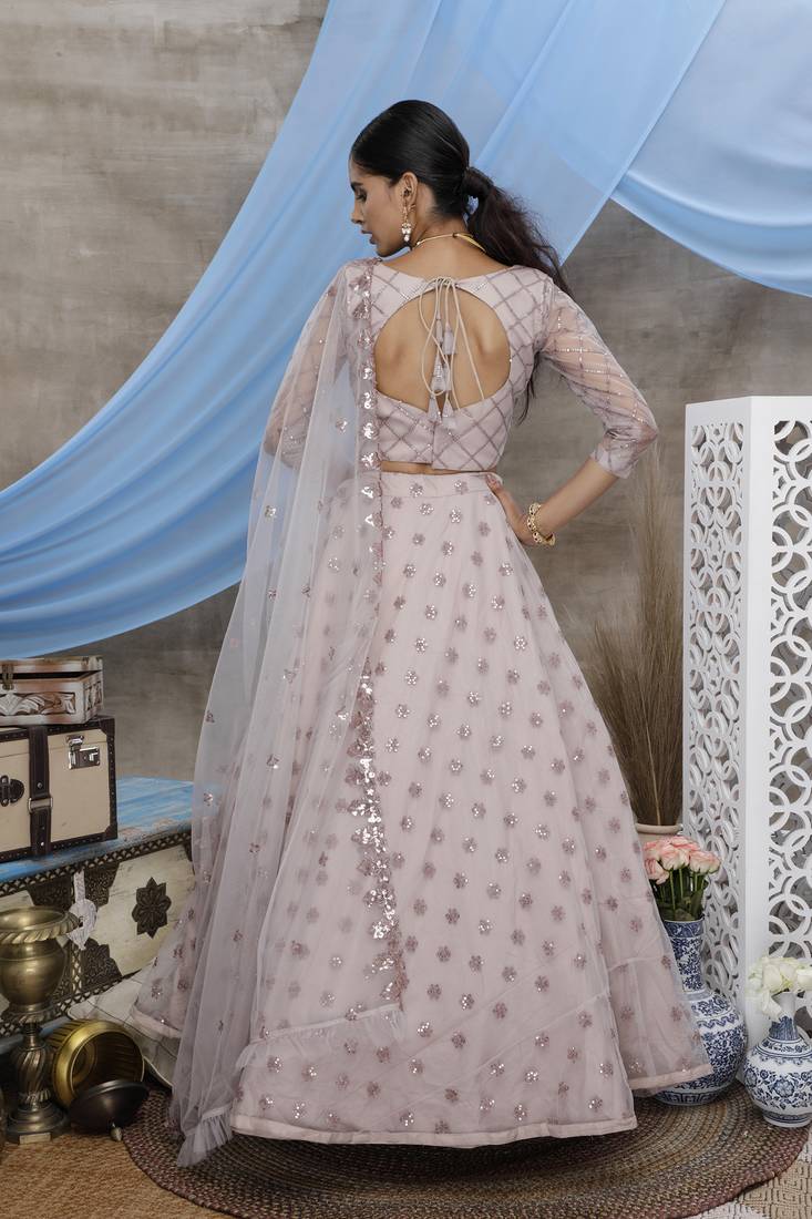 Dusty Purple Thread and Sequins embroidered net semi stitched lehenga