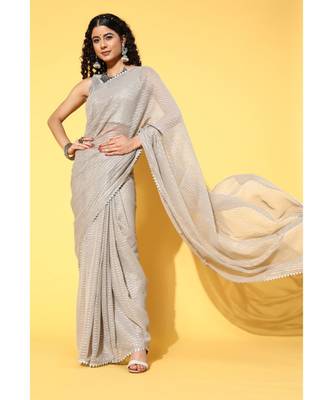 Kvsfab Grey Organza weaving woth Gota work Saree with Unstitched Blouse 2