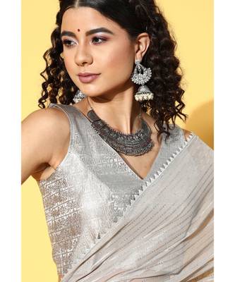 Kvsfab Grey Organza weaving woth Gota work Saree with Unstitched Blouse 4