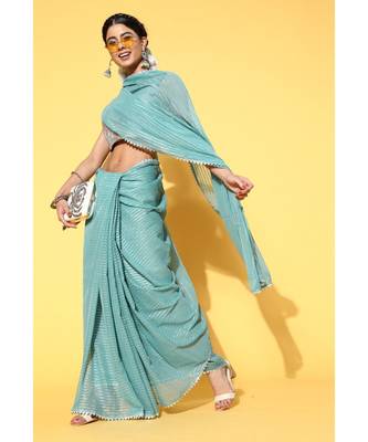 Kvsfab Teal Organza weaving woth Gota work Saree with Unstitched Blouse 1