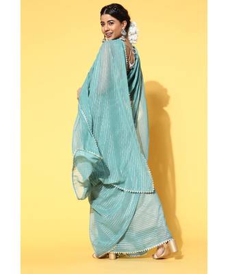 Kvsfab Teal Organza weaving woth Gota work Saree with Unstitched Blouse 2