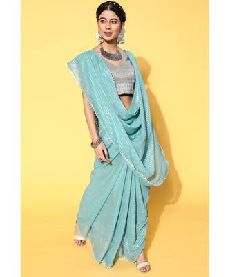 Kvsfab Teal Organza weaving woth Gota work Saree with Unstitched Blouse 3