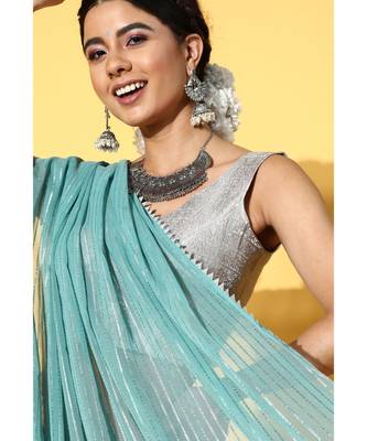 Kvsfab Teal Organza weaving woth Gota work Saree with Unstitched Blouse 4