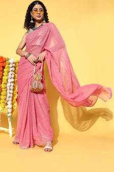 Kvsfab Pink Organza Weaving Woth Gota Work Saree With Unstitched Blouse