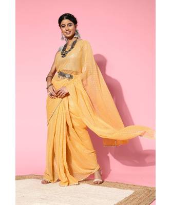 Kvsfab Mustard Organza weaving woth Gota work Saree with Unstitched Blouse 2