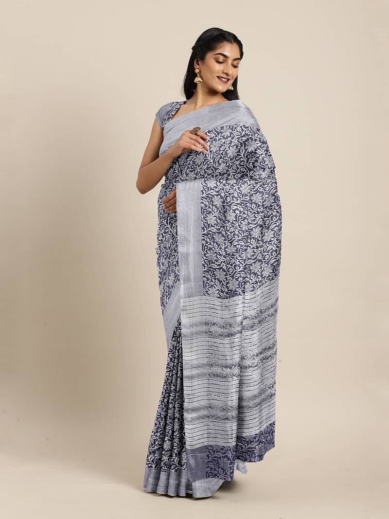 CLASSICATE from the house of The Chennai Silks  Navy Blue Jute Cotton Saree With Running Blouse