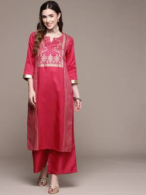 Pink printed art silk kurta sets 1