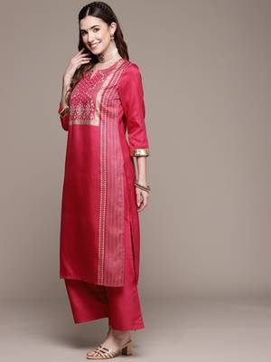 Pink printed art silk kurta sets 2