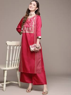 Pink printed art silk kurta sets 5