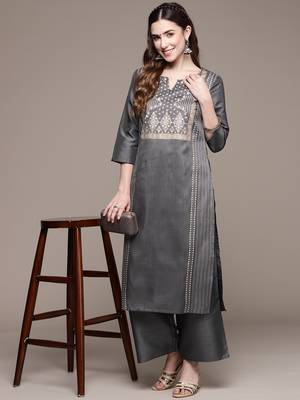 Grey printed art silk kurta sets 5