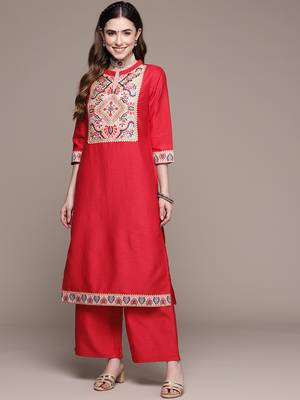 Red printed art silk kurta sets 1