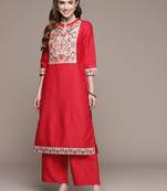 Red printed art silk kurta sets