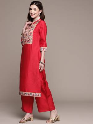 Red printed art silk kurta sets 2