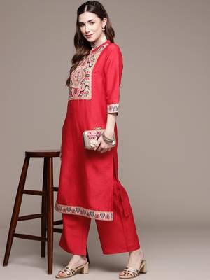 Red printed art silk kurta sets 5