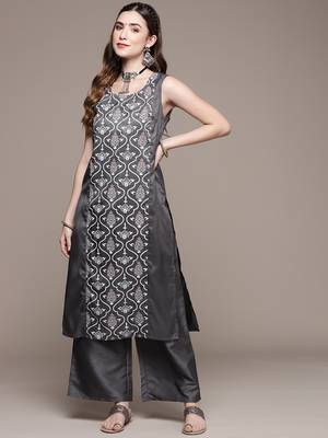 Grey printed art silk kurta sets 1