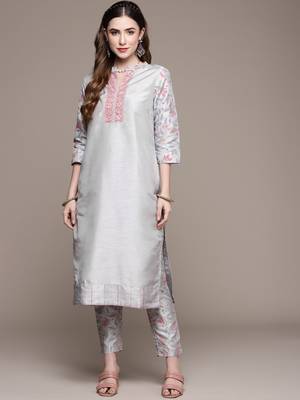 Grey printed art silk kurta sets 1