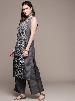 Grey printed art silk kurta sets 2