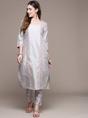 Grey printed art silk kurta sets 1