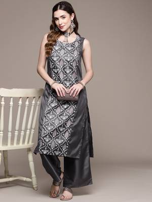 Grey printed art silk kurta sets 5