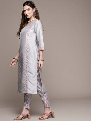 Grey printed art silk kurta sets 2