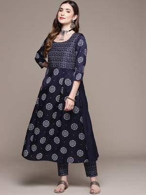 Navy-blue printed art silk kurta sets 1