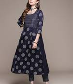 Navy-blue printed art silk kurta sets