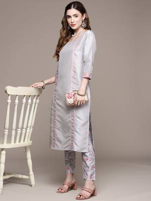 Grey printed art silk kurta sets 5