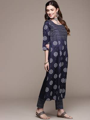 Navy-blue printed art silk kurta sets 2