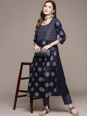 Navy-blue printed art silk kurta sets 5