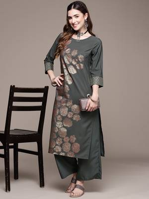 Grey printed crepe kurta sets 5
