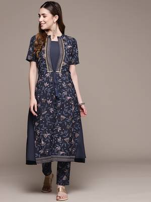 Navy-blue printed crepe kurta sets 1