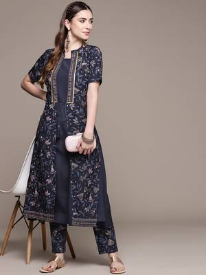 Navy-blue printed crepe kurta sets 5